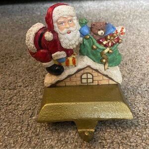 Santa Christmas Stocking Holder Cast Iron Base Resin Santa Heavy, Vintage